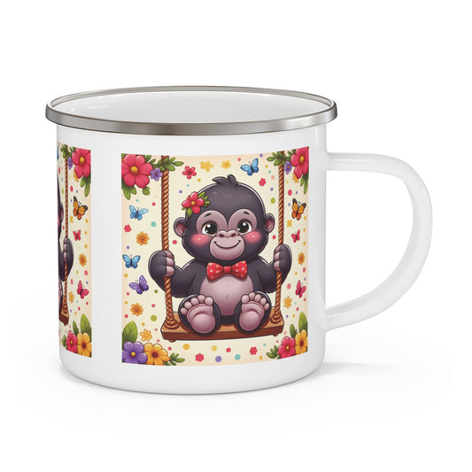 A lovable baby gorilla on a swing Enamel Camping Mug, reminiscent of the joy kids feel while enjoying a swing. A mug for outdoor enthusiasts and families, ideal for camping, hiking, and picnics. Gift for animal lovers, campers, kids, and families who enjoy outdoors. BUY NOW! (SK Superb)