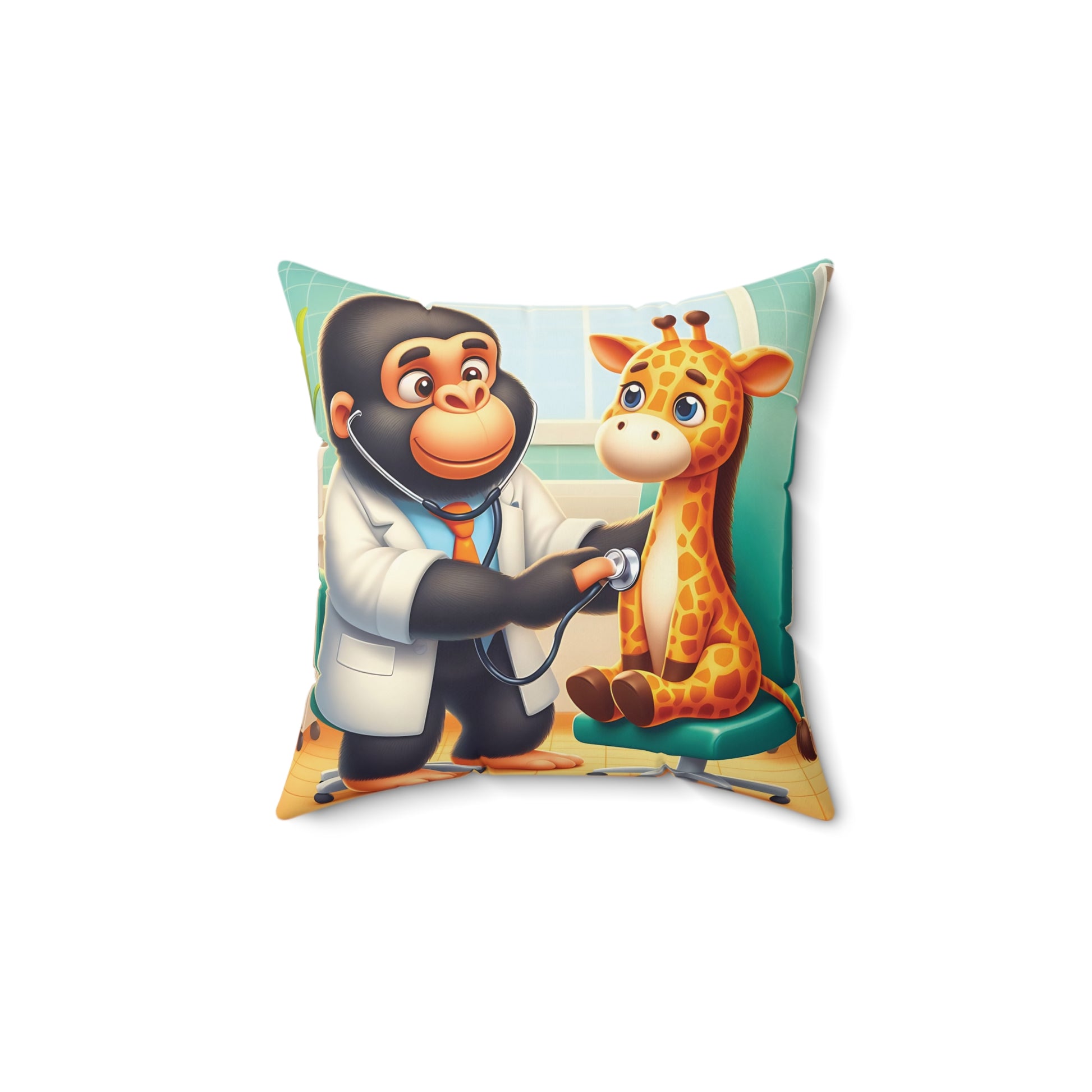 A great inspiration for young kids to love animals with our "Little Monkey Doctor with Baby Giraffe Pillow"! This adorable design features a caring monkey doctor examining a cute, wide-eyed baby giraffe. Perfect for animal lovers and those who enjoy a playful decor. BUY NOW! (SK Superb)