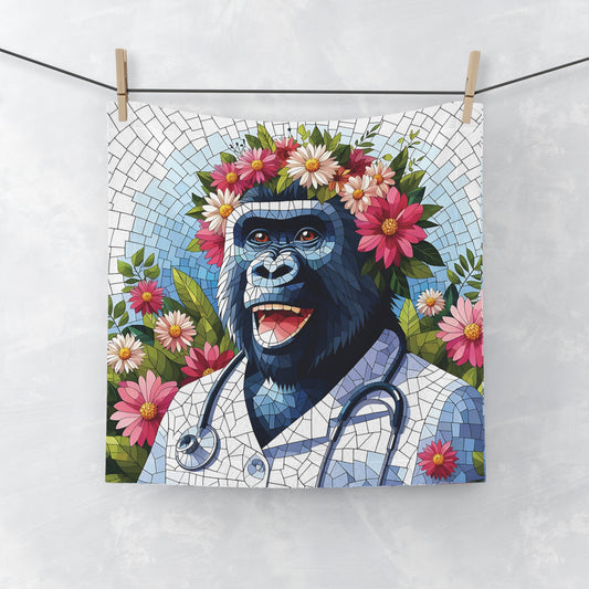 Add a touch of whimsy and vibrant color to your daily routine with our "Floral Nurse Gorilla Face Towel". It features a delightful mosaic-style image of a cheerful gorilla dressed as a nurse, make it a standout piece in any bathroom or as a thoughtful gift for a healthcare professional. BUY NOW! (SK Superb)