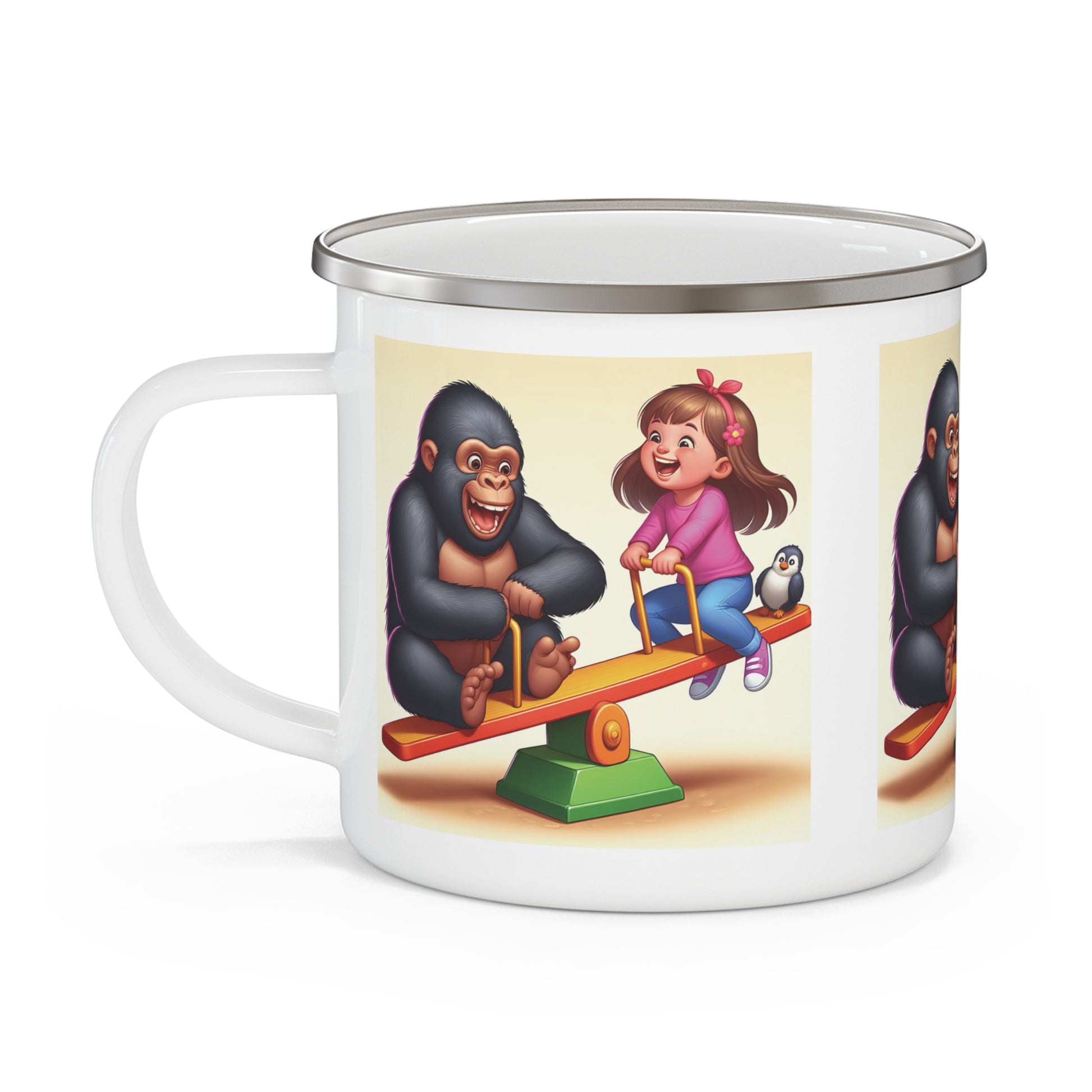 Joyful Gorilla and Girl Seesaw Enamel Camping Mug - Outdoor Adventures