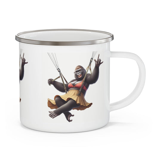 Add some humor and adventure with our playful "Shaka Female Gorilla Parachute" Enamel Camping Mug! Perfect for camping, hiking, or everyday use. Great gift to animal and outdoor lovers. BUY NOW! (SK Superb)