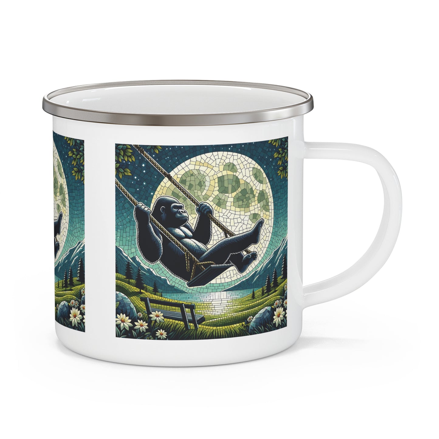 Discover the magical "Gorilla Night Swing" Enamel Camping Mug, featuring a playful gorilla swinging under a bright SUPERMOON. This functional, stylish mug is perfect for camping, hiking, picnics, or home use. Ideal for nature lovers, adventurers, and anyone who enjoys whimsical designs. BUY NOW! (SK Superb)