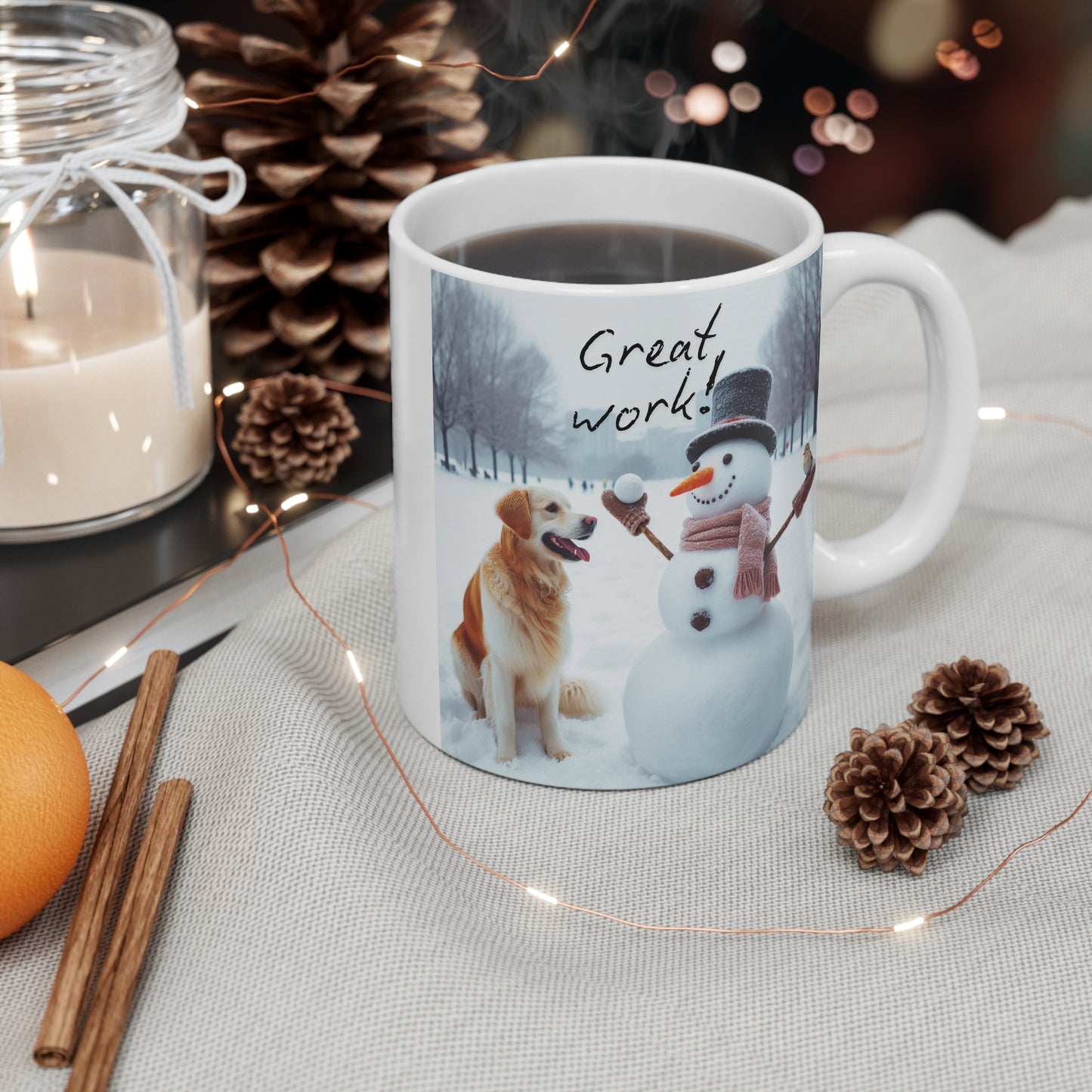 Enjoy cozy winter vibes with this "Golden Retriever & Snowman 11oz Mug." Surprise someone special with this delightful winter wonderland mug! BUY NOW!