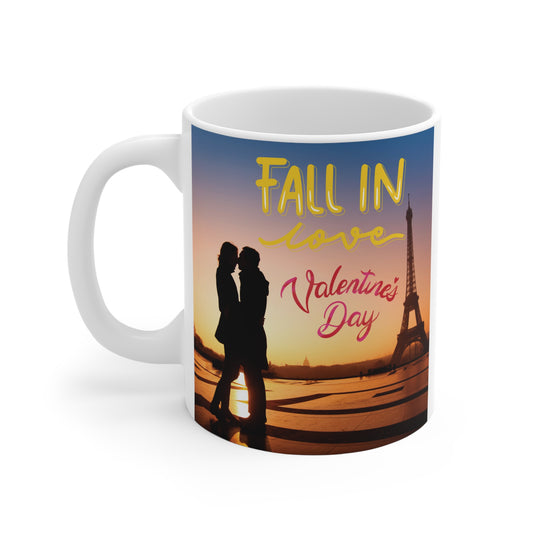 Shop our romantic Valentine's Day 11oz mug of a couple by the Eiffel Tower at sunset. Perfect love-themed gift for couples, blending beauty and practicality. 
