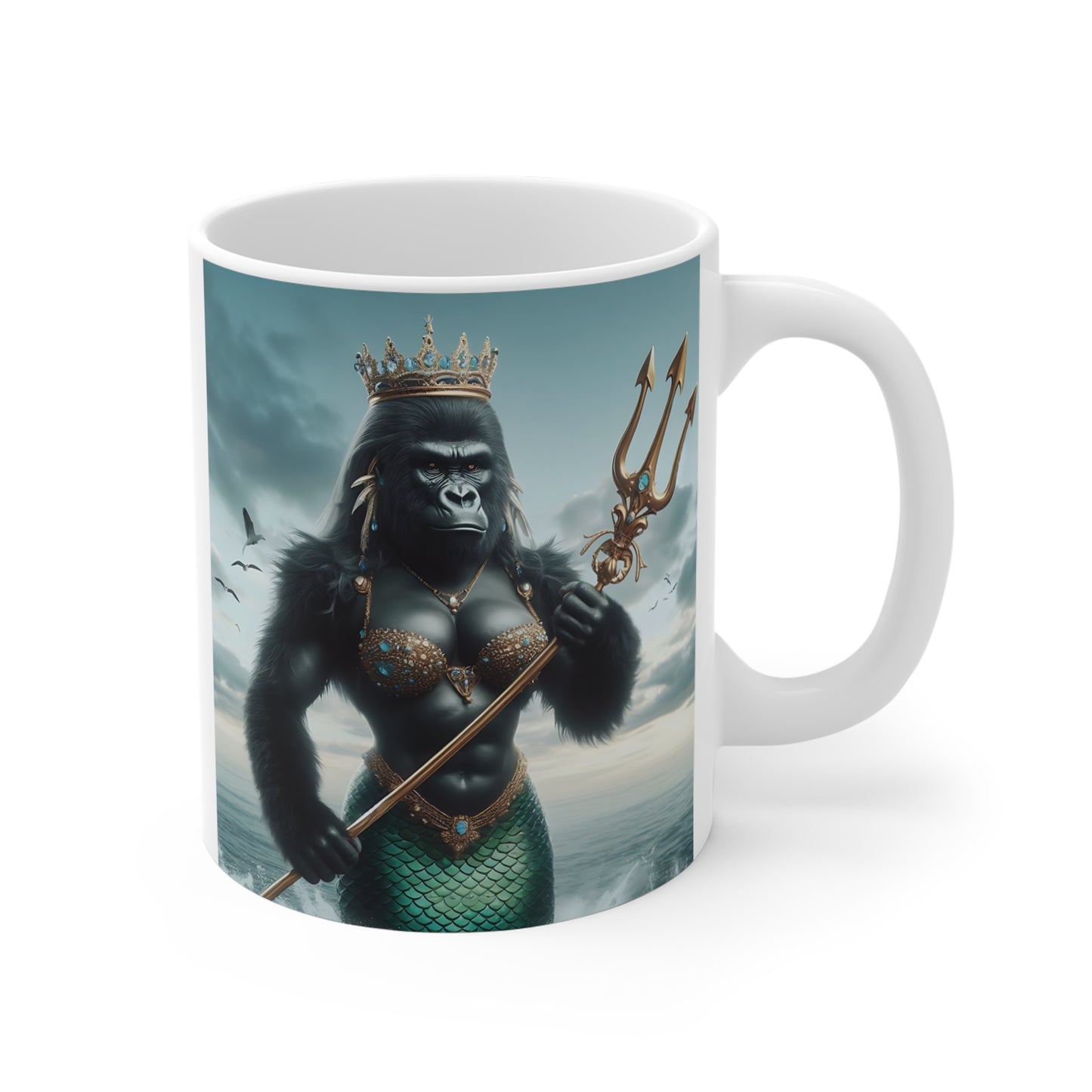 Be mesmerized by the enchantment of our "Majestic Gorilla Mermaid 11oz Mug". A powerful gorilla mermaid holding a majestic trident. Perfect for mermaid lovers and fans of mythical creatures. This mug is a must-have for yourself or as a gift. BUY NOW! (SK Superb)