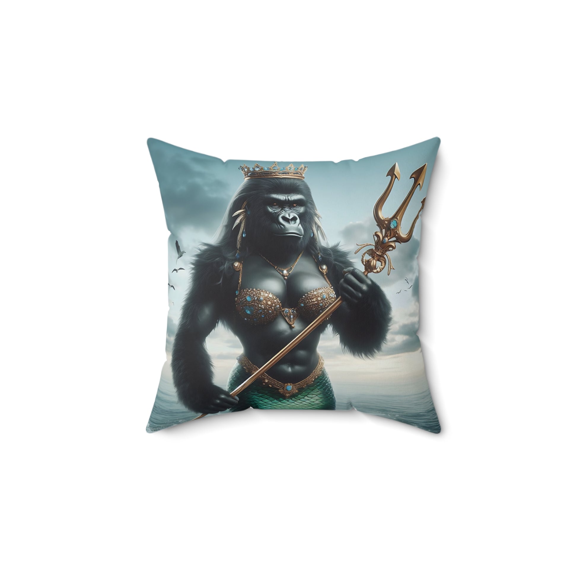 Elevate your home decor with this extraordinary mythical elegance of Regal Gorilla Mermaid Throw Pillow. Featuring a majestic gorilla mermaid adorned with a crown and trident, this pillow adds a touch of fantasy and royalty to your living room, bedroom, or office. (SK Superb)