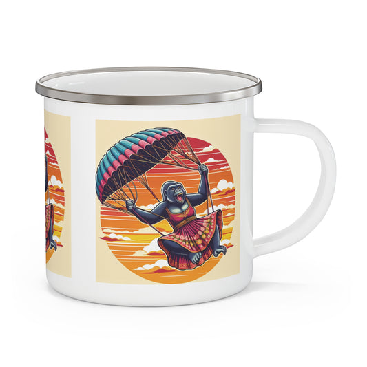Our Adventure Enamel Camping Mug featuring a joyful paragliding female gorilla design. A companion for camping, hiking, and travel. BUY NOW! (SK Superb)