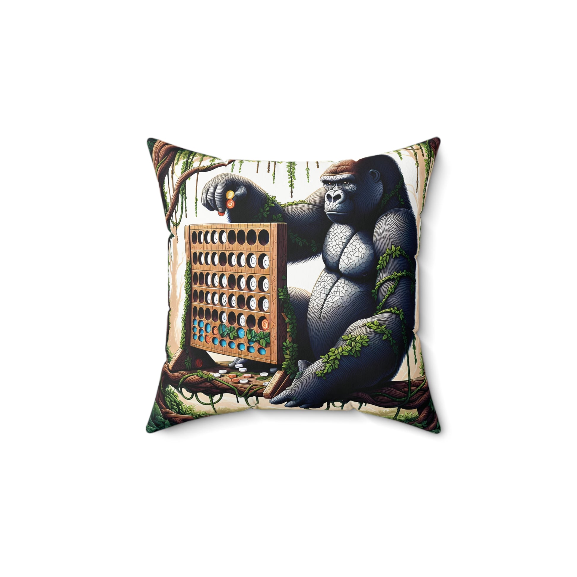 Elevate your décor with this unique "Gorilla Strategist Pillow", featuring a thoughtful gorilla engrossed in a connect-four game, reminding us of the joy and challenge of playing connect four with friends and family. This playful pillow is perfect for game lovers and strategy enthusiasts. BUY NOW! (SK Superb)