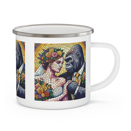 Celebrate love with this unique enamel camping mug featuring a mosaic-style image of a gorilla groom and a human bride. Perfect for weddings, anniversaries, or outdoor adventures, this mug makes an ideal romantic gift. Whether for camping or daily use, it adds a charming touch to any occasion. BUY NOW! (SK Superb)