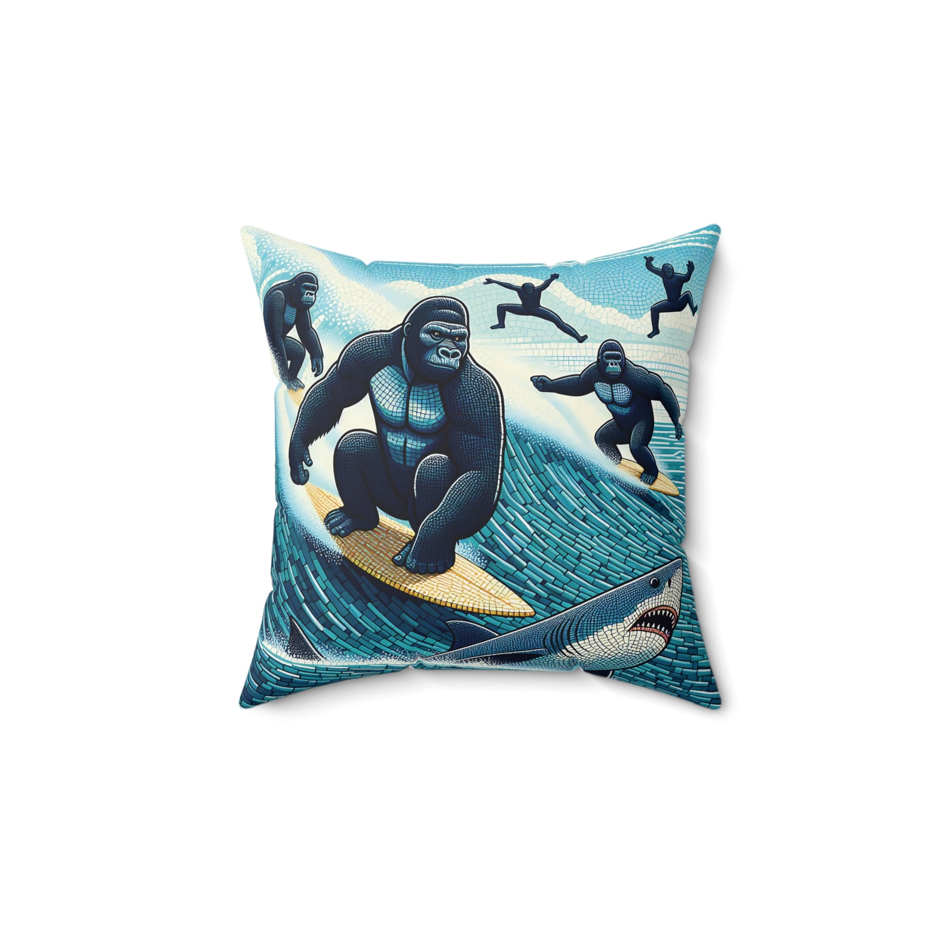 Catch the wave with the Surfer Gorilla Adventure Pillow, featuring a thrilling design of gorillas riding the ocean waves alongside a curious shark. This vibrant and fun pillow is perfect for adding a splash of excitement to any room. Embrace the adventure and make this unique pillow yours today! (SK Superb)