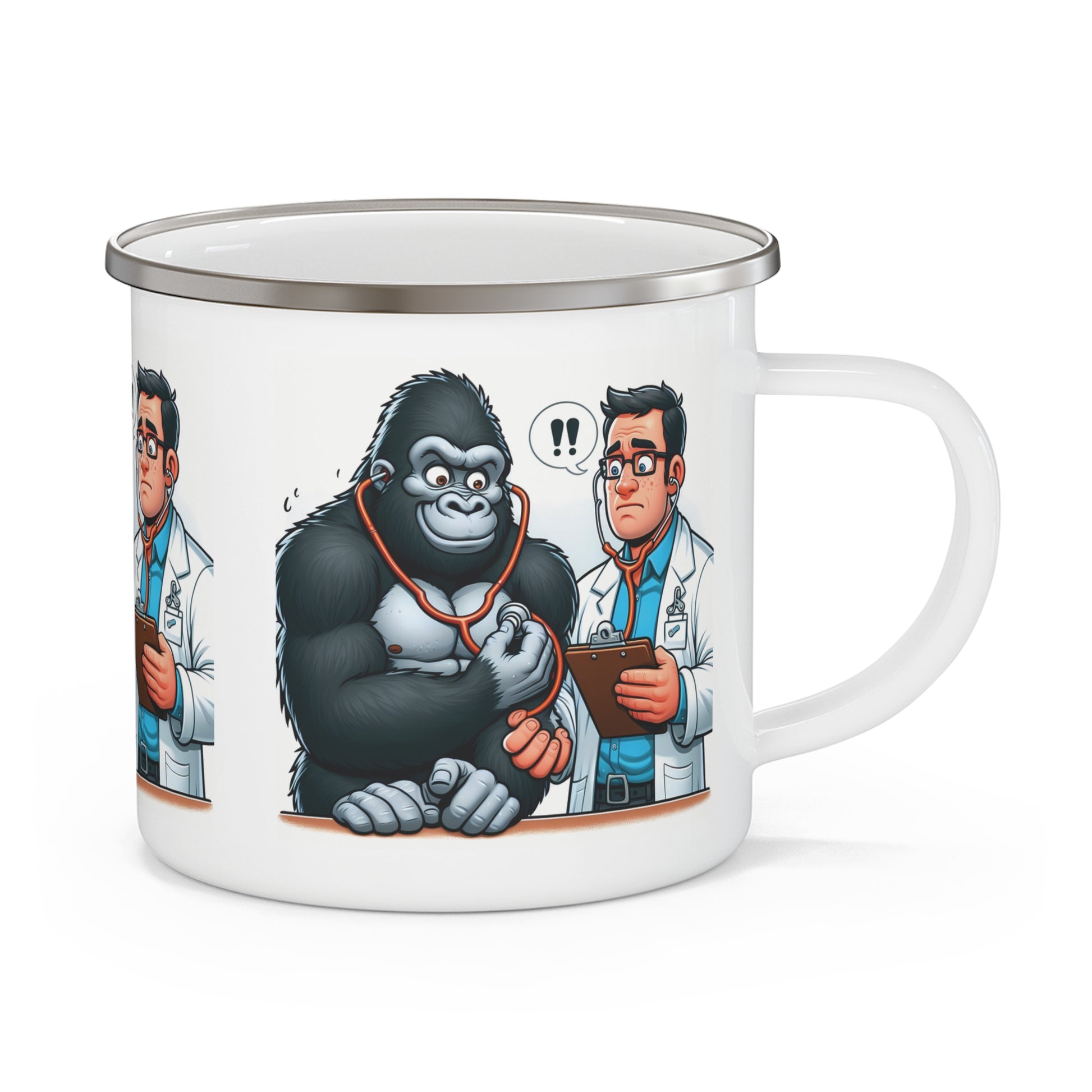 Our functional and hilarious artwork enamel camping mug of a gorilla and a surprised doctor. This mug is perfect for camping, hiking, or any outdoor adventure. Ideal gift for animal lovers and outdoor enthusiasts, friends, family, or yourself. BUY NOW! (SK Superb)