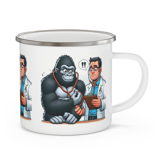 Our functional and hilarious artwork enamel camping mug of a gorilla and a surprised doctor. This mug is perfect for camping, hiking, or any outdoor adventure. Ideal gift for animal lovers and outdoor enthusiasts, friends, family, or yourself. BUY NOW! (SK Superb)
