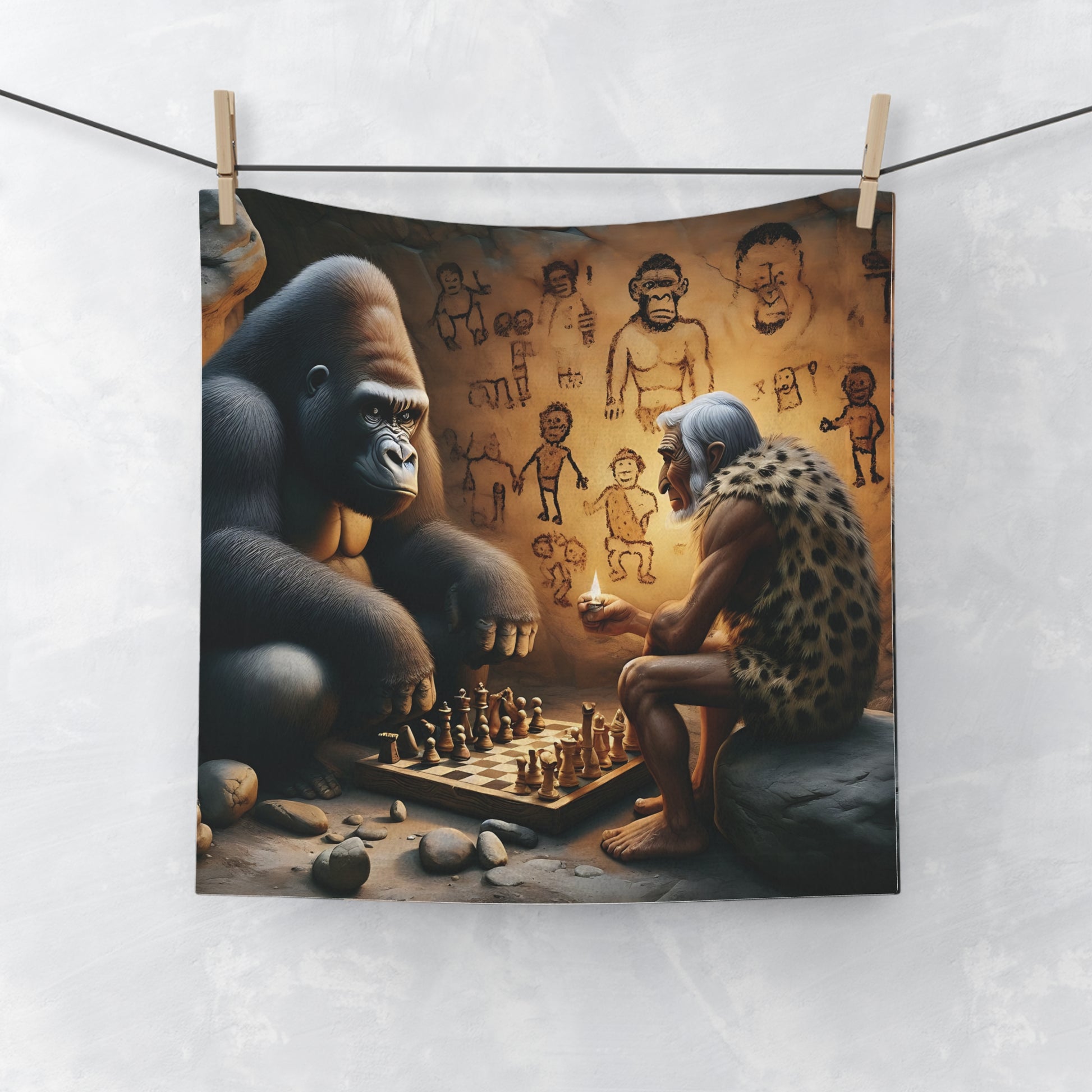 A perfect blend of art and functionality with our "Gorilla vs. Caveman Chess Game Face Towel." A towel design of humor and creativity to your bathroom decor. Gift for chess/animal lovers, history buffs, who loves creative and unconventional art pieces. BUY NOW! (SK Superb)