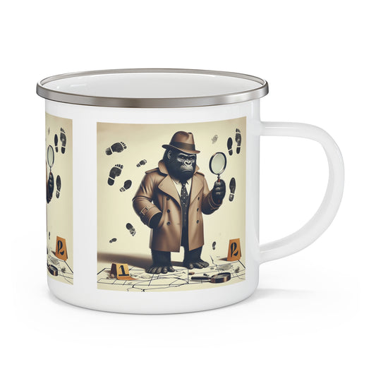 Our fun and quirky "Detective Gorilla Enamel Camping Mug" is perfect for mystery lovers and adventurers. Ideal for camping, hiking, or home use. A playful gift for outdoor enthusiasts or those who appreciate whimsical drinkware. BUY NOW! (SK Superb)