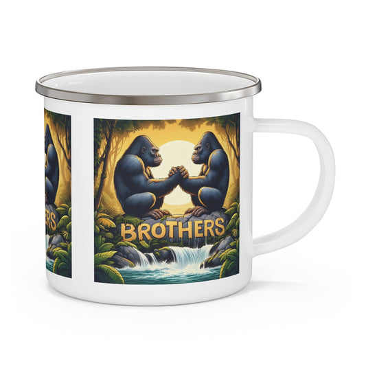 Elevate your outdoor adventures with our "Gorilla Brotherhood Bond Enamel Camping Mug", symbolizing unity. A stylish artwork mug for your camping, hiking, and travel use.  Perfect as a gift for friends, family, or yourself. BUY NOW! (SK Superb)