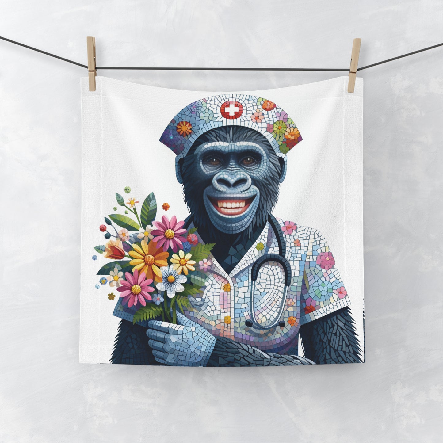 Our "Confident Smiling Gorilla Nurse Mosaic Face Towel" is a thoughtful gift for anyone in the medical field who loves humor and heartwarming art, reminding us of the importance of compassion and positivity in our lives. A functional towel and a decorative piece in your bathroom. BUY NOW! (SK Superb)