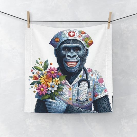 Our "Confident Smiling Gorilla Nurse Mosaic Face Towel" is a thoughtful gift for anyone in the medical field who loves humor and heartwarming art, reminding us of the importance of compassion and positivity in our lives. A functional towel and a decorative piece in your bathroom. BUY NOW! (SK Superb)