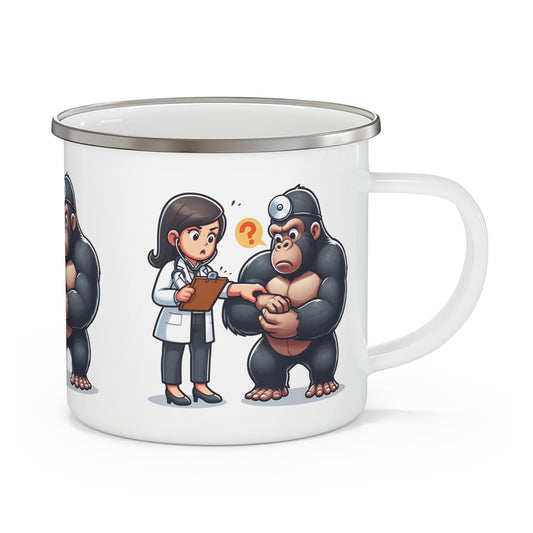 Enjoy your favorite beverage with this fun enamel camping mug featuring a quirky cartoon gorilla doctor and a confused human doctor. Perfect for outdoor adventures or home use. A great gift for medical professionals, it’s ideal for anyone who enjoys medical humor. BUY NOW! (SK Superb)