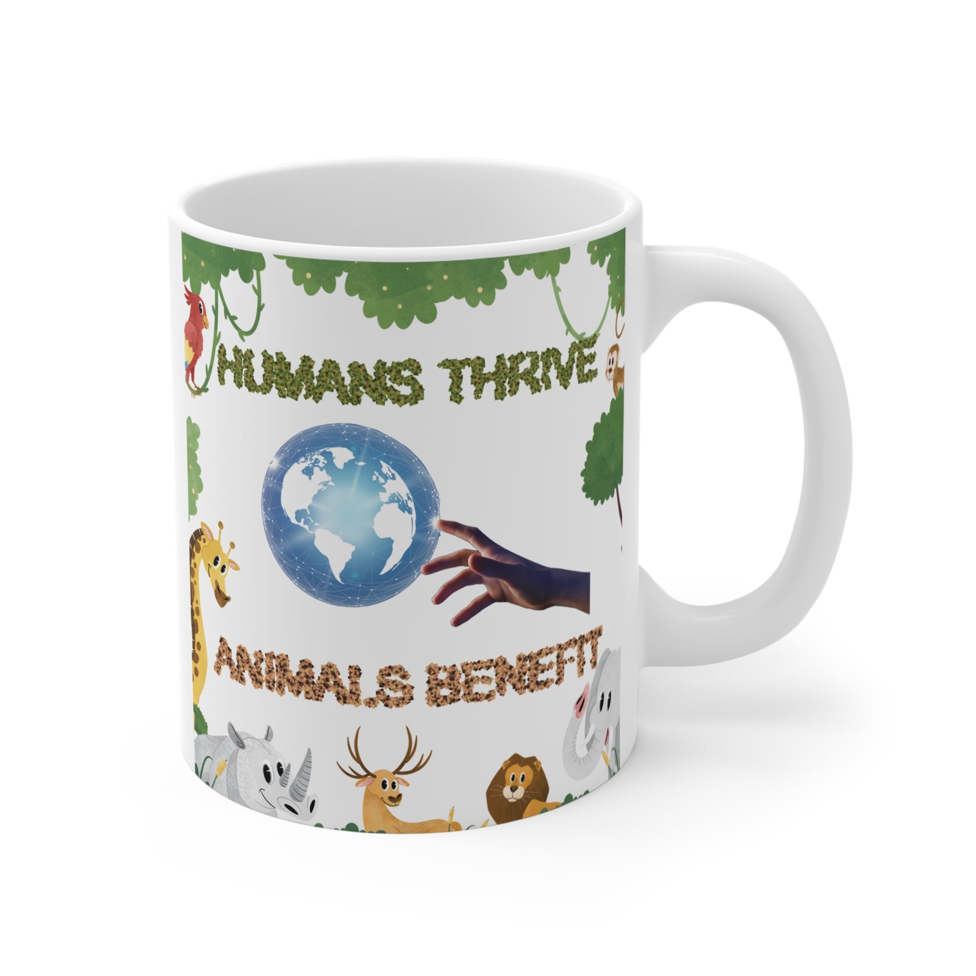 Our eco-friendly wildlife protection 11oz coffee mug for animal lovers, environmentalists that promotes harmony between humans and nature. Perfect for home, office, as an Earth Day gift. 