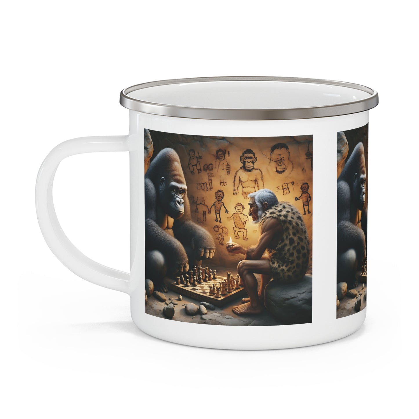 Gorilla & Caveman Chess Showdown Enamel Camping Mug