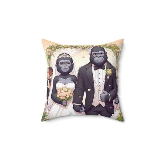 Celebrate love and commitment with our "Wedding Gorilla Couple Pillow." An endearing pillow of adorable gorilla bride and groom in their wedding attire, to bring joy to your home. A Perfect wedding gift, anniversary present, or a whimsical decoration for your own space. (SK Superb)