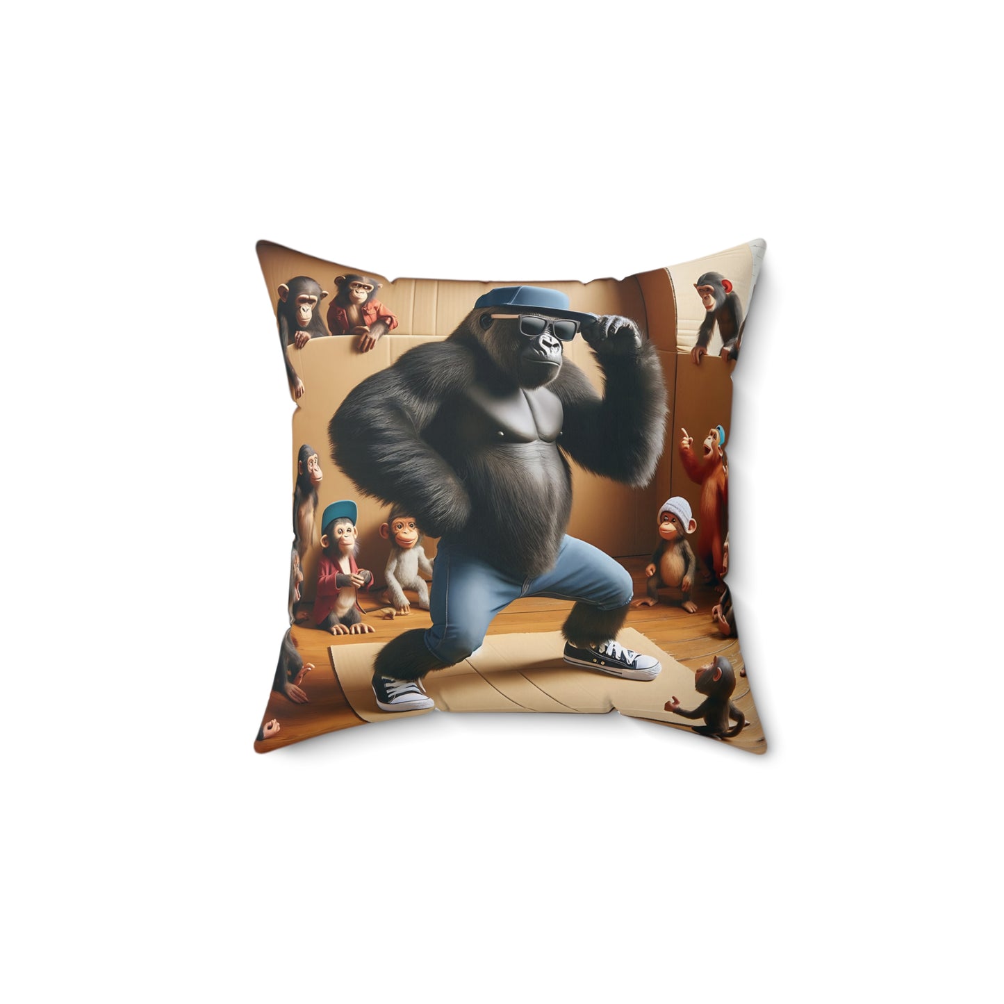 Add fun to your home with our "Cool Gorilla Breakdancing Throw Pillow." Stylish gorilla dressed in trendy jeans and sneakers, breaking out some dance moves. Sure to bring a smile to your face. Perfect for animal lovers, dance enthusiasts, fantastic addition to your living room, bedroom, or office. (SK Superb)