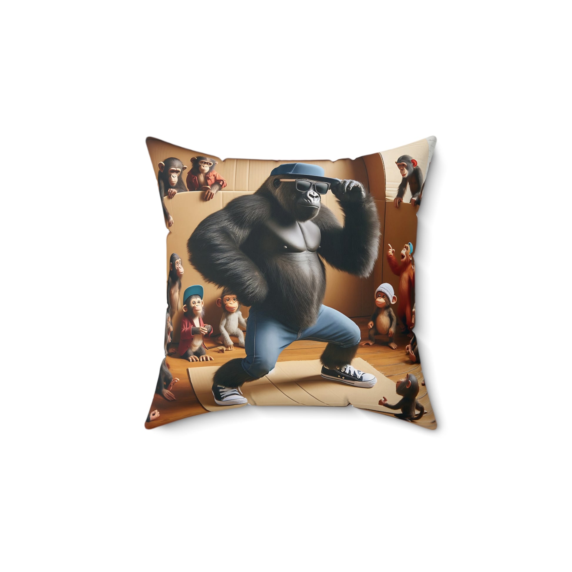 Add fun to your home with our "Cool Gorilla Breakdancing Throw Pillow." Stylish gorilla dressed in trendy jeans and sneakers, breaking out some dance moves. Sure to bring a smile to your face. Perfect for animal lovers, dance enthusiasts, fantastic addition to your living room, bedroom, or office. (SK Superb)