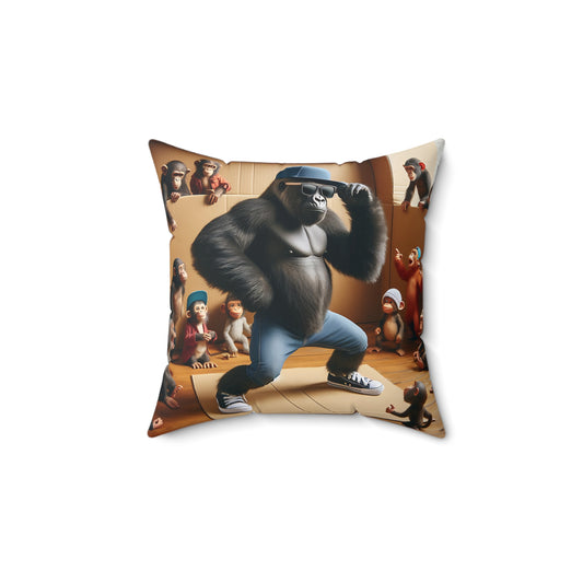 Add fun to your home with our "Cool Gorilla Breakdancing Throw Pillow." Stylish gorilla dressed in trendy jeans and sneakers, breaking out some dance moves. Sure to bring a smile to your face. Perfect for animal lovers, dance enthusiasts, fantastic addition to your living room, bedroom, or office. (SK Superb)