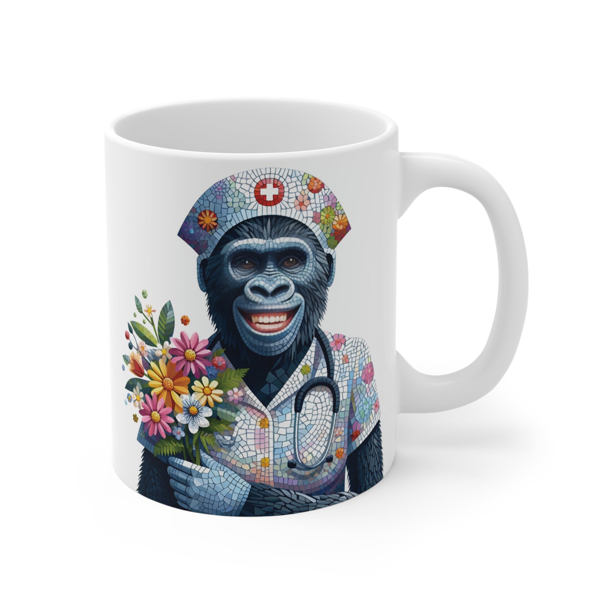 Bring joy to your day and celebrate the dedication of healthcare workers with this delightful mosaic style "Gorilla Nurse" 11oz Mug. Perfect for anyone in the healthcare industry, this mug combines fun with function, making it an ideal gift for coworkers, friends, or family. BUY NOW! (SK Superb)