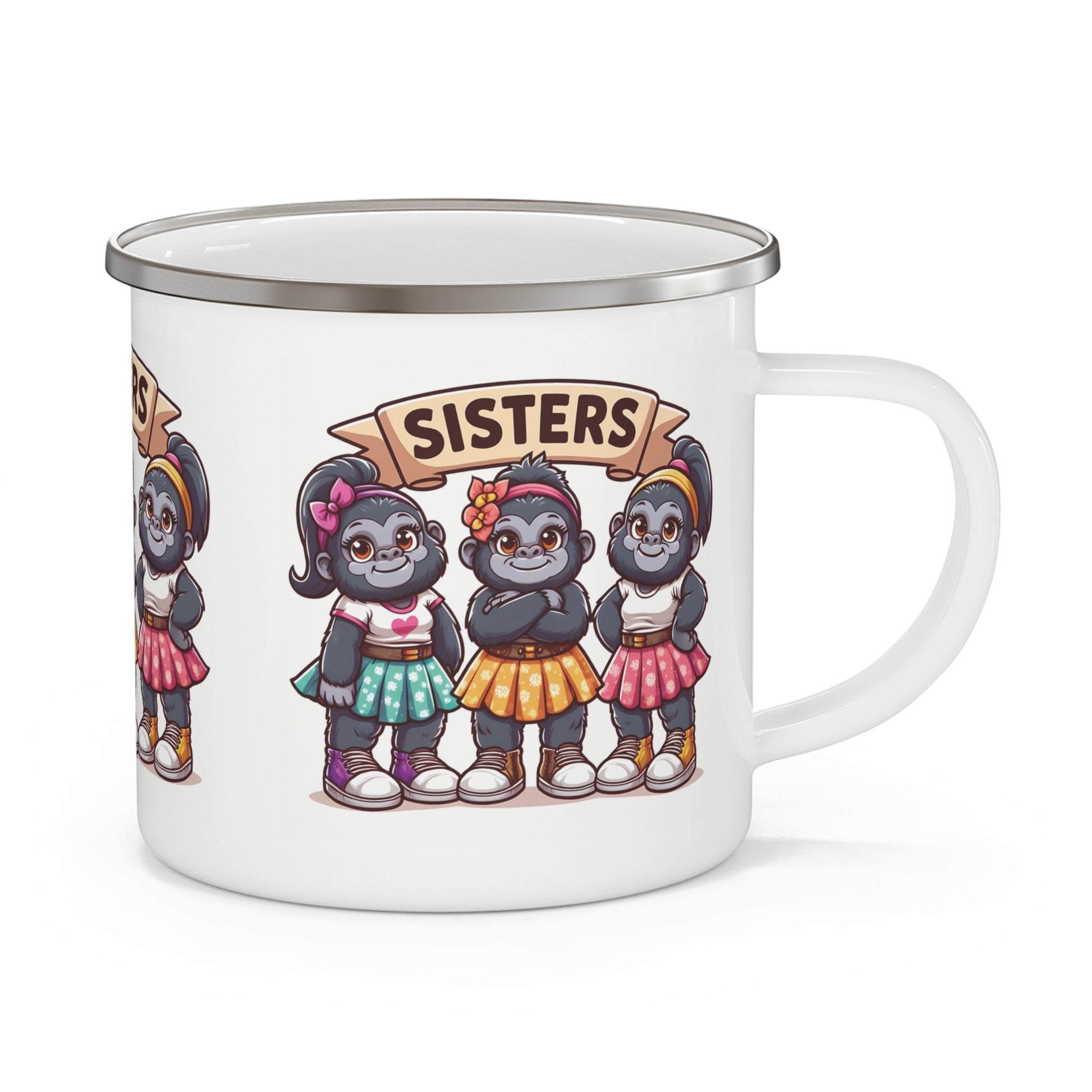Celebrate sisterhood with this adorable enamel camping mug featuring cute cartoon gorilla sisters in vibrant outfits. Perfect for camping or cozy at-home use. A great gift for sisters or animal lovers, perfect blend of fun and functionality for any outdoor adventure. BUY NOW! (SK Superb)