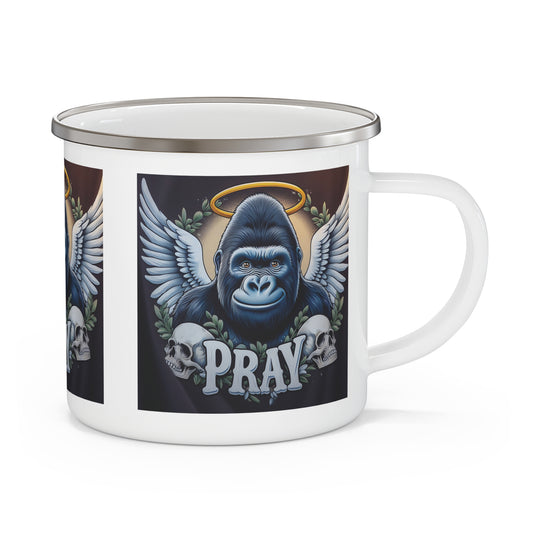 Discover serenity, faith and strength with our functional "Outdoor Angel Gorilla 'Pray'" enamel camping mug. Perfect for nature, animal lovers, campers, and those seeking inspiration on their outdoor adventures. A mug for camping, hiking, outdoor and indoor use. BUY NOW! (SK Superb)