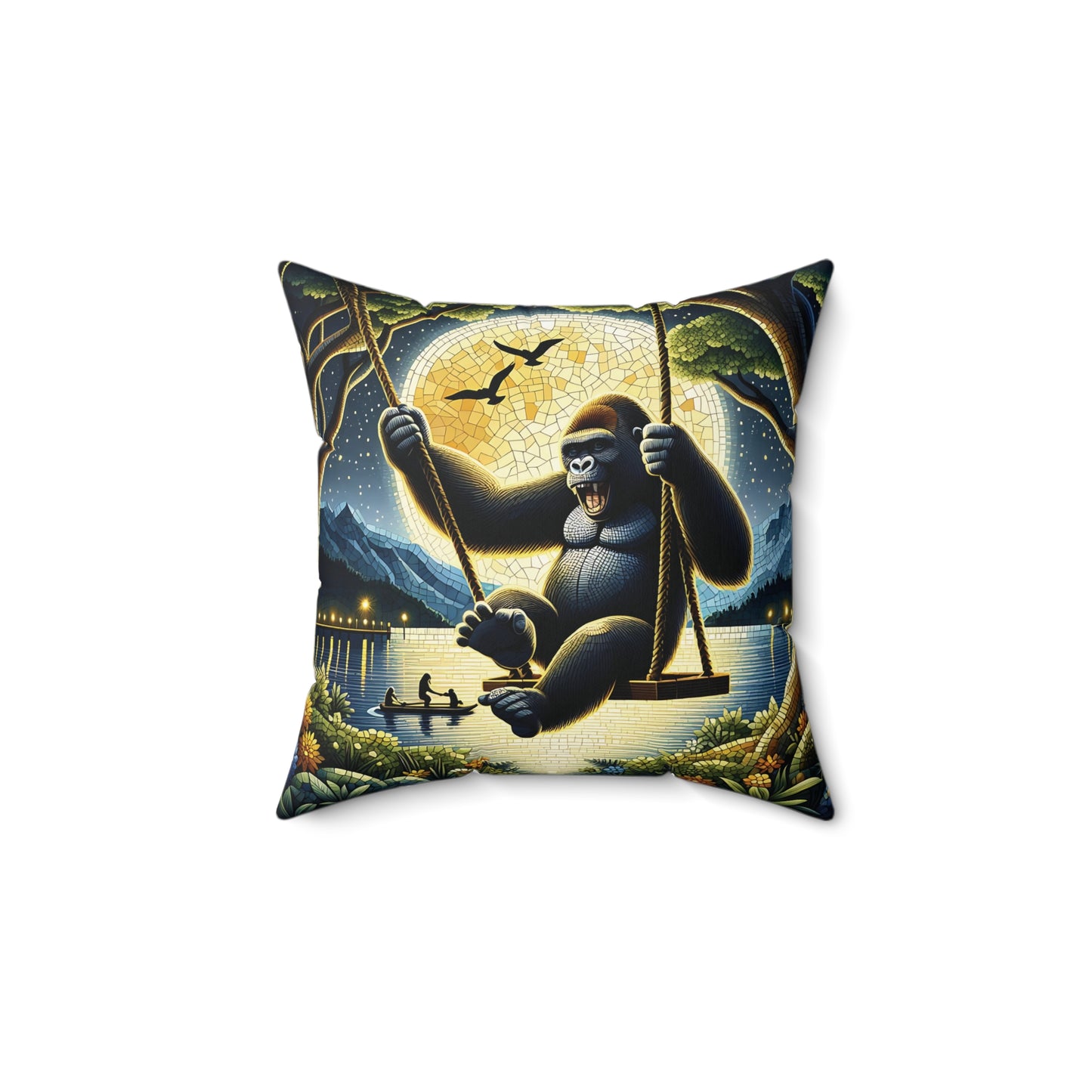 Order your Moonlit Gorilla on Swing Pillow today and elevate your home decor with this enchanting and stylish accent! Featuring a playful gorilla enjoying a night swing under a luminous full moon, this pillow brings fun and cozy atmosphere to any room. Ideal for animal lovers and makes a great gift too. (SK Superb)