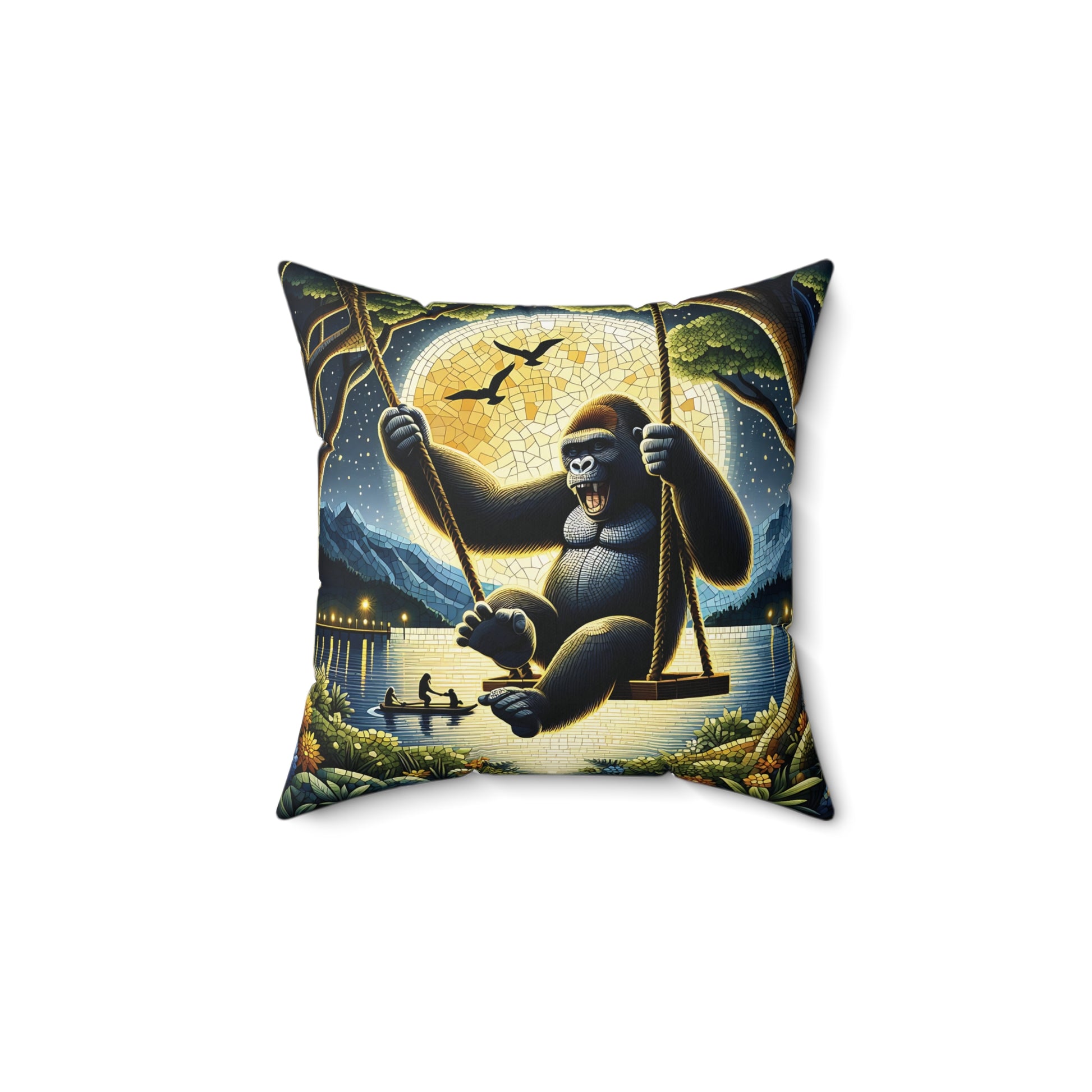 Order your Moonlit Gorilla on Swing Pillow today and elevate your home decor with this enchanting and stylish accent! Featuring a playful gorilla enjoying a night swing under a luminous full moon, this pillow brings fun and cozy atmosphere to any room. Ideal for animal lovers and makes a great gift too. (SK Superb)