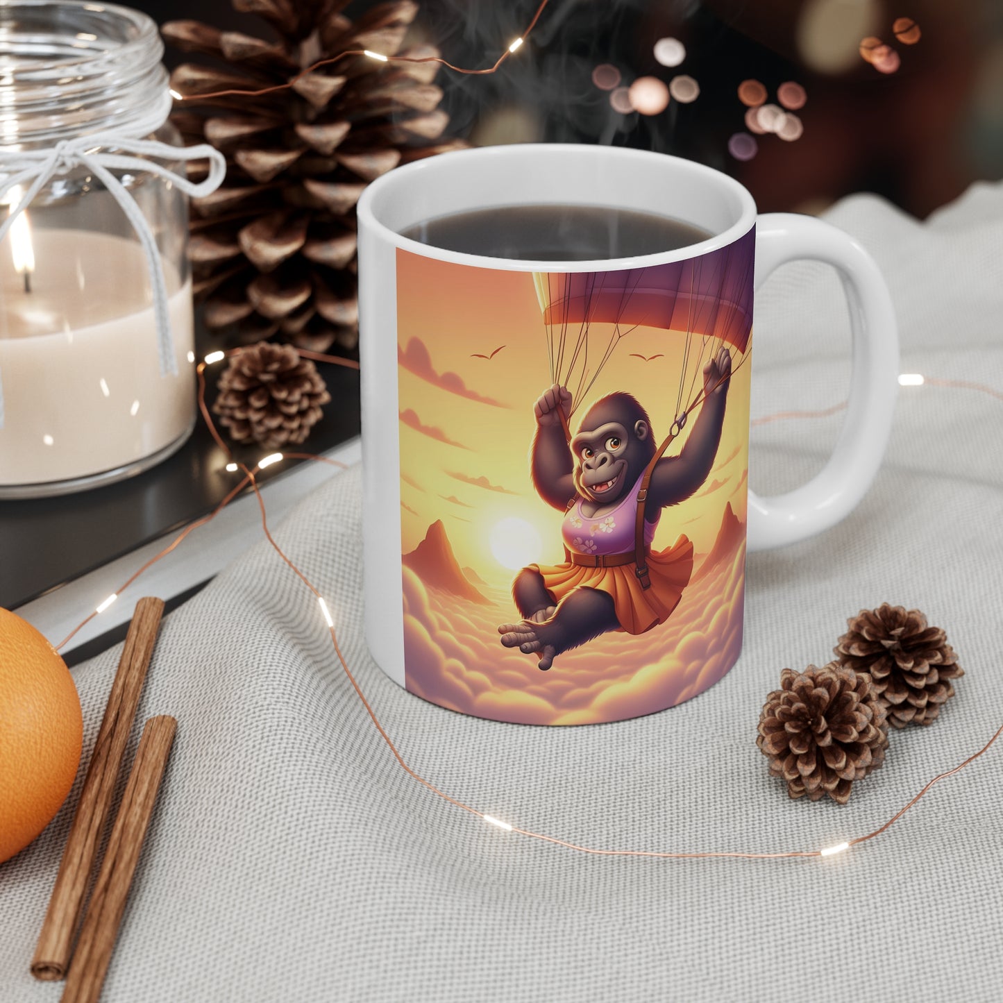 Joyful Parachuting Female Gorilla 11oz Mug - for Adventure Lovers