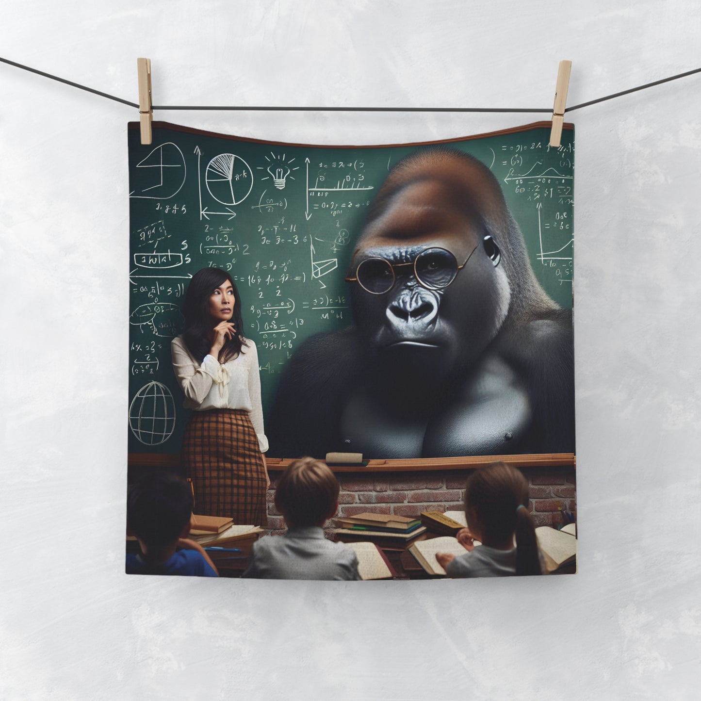 Our unique and educational face towel of a gorilla teacher and a human teacher is perfect for teachers, students, and education enthusiasts who appreciate a touch of fun and intellect in their daily essentials. Great for use in the bathroom, gym, or as a decorative piece in your home or classroom. BUY NOW! (SK Superb)