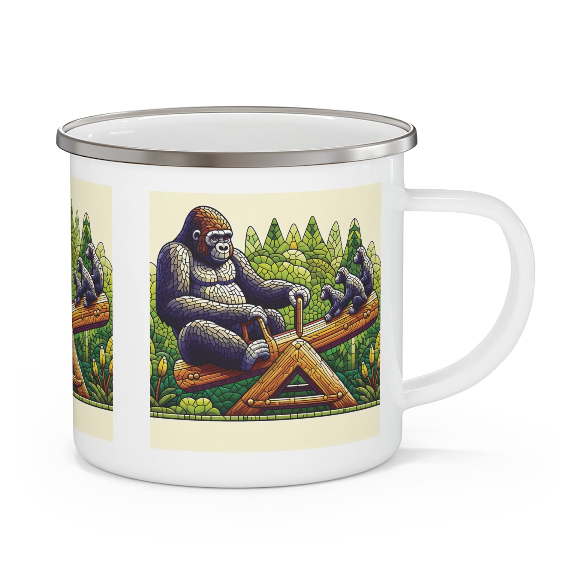 A mosaic style artwork of a gorilla family playing on a seesaw enamel camping mug, reminiscent of human kids enjoying a seesaw with their parents. An ideal gift for nature lovers and wildlife enthusiasts. A mug for camping, hiking, and any outdoor activities. BUY NOW! (SK Superb)