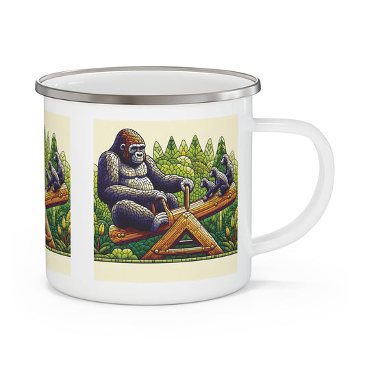 A mosaic style artwork of a gorilla family playing on a seesaw enamel camping mug, reminiscent of human kids enjoying a seesaw with their parents. An ideal gift for nature lovers and wildlife enthusiasts. A mug for camping, hiking, and any outdoor activities. BUY NOW! (SK Superb)