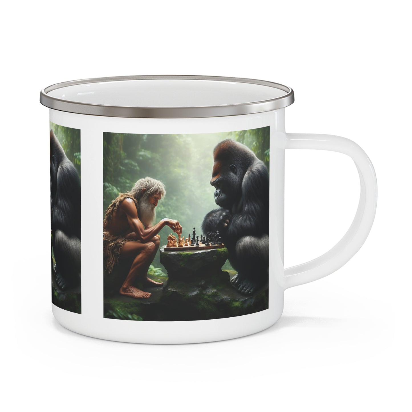 A camping mug of extraordinary design of a gorilla and a caveman engaged in a captivating game of chess in a forest setting. Ideal for nature, chess lovers and a thoughtful gift for friends and family who love the great outdoors and distinctive art. BUY NOW! (SK Superb)