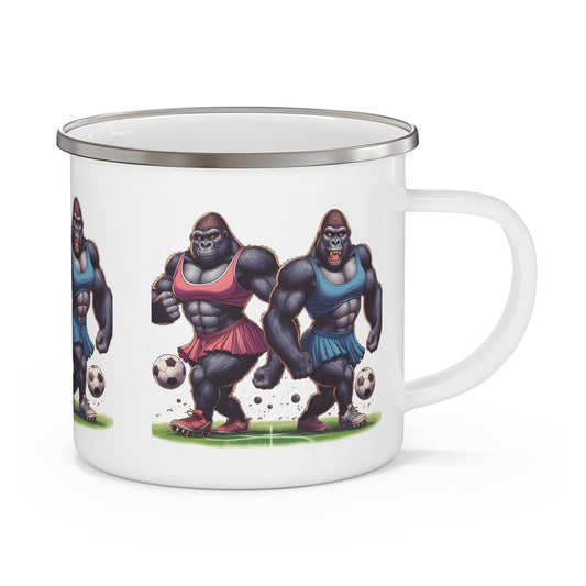 Unique enamel camping mug featuring muscular gorillas as female soccer players. This bold design highlights female athletes breaking stereotypes, perfect for soccer enthusiasts or anyone who loves empowering, quirky designs. BUY NOW! (SK Superb)