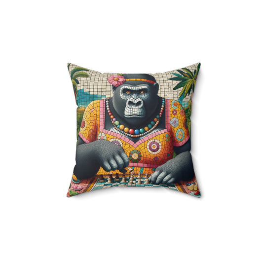 Our "Mosaic Master Gorilla Playing Chess Pillow" showcases a master female gorilla deeply engaged in a thrilling chess match. Perfect for chess enthusiasts and art lovers alike, this pillow adds a playful and intellectual touch to any space. Bring home this masterpiece today and let the games begin! (SK Superb)