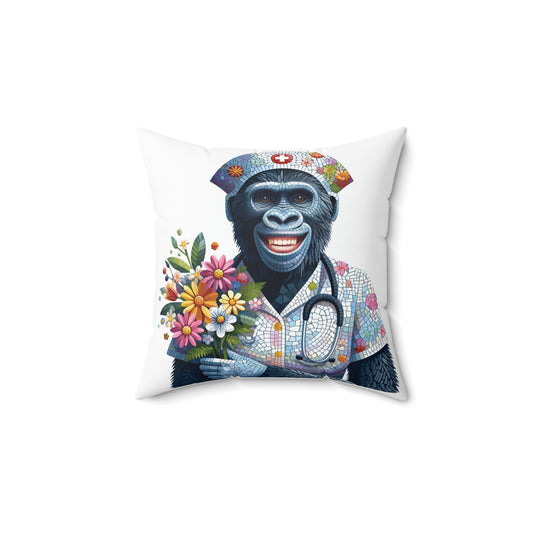 Brighten up your space with the charming "Nurse Gorilla with Flowers Pillow". This pillow features a cheerful gorilla nurse holding a bouquet of colorful flowers, in a captivating mosaic style. A delightful gift for healthcare professionals or anyone who loves quirky, fun décor. (SK Superb)