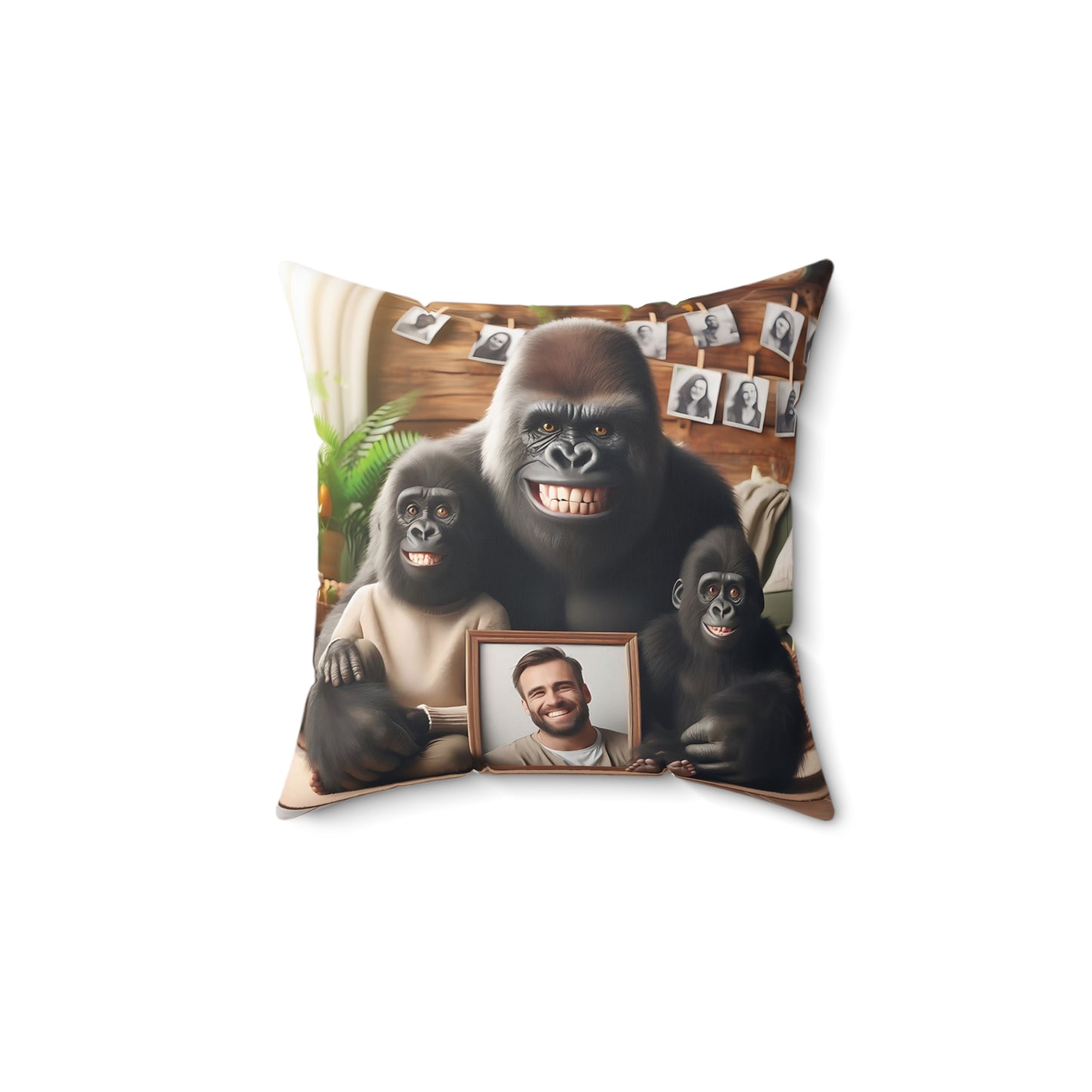 Brighten up your day with the love and warmth of our Family Portrait Gorilla Pillow. This heartwarming design features a charming gorilla family holding a picture of a loved one, capturing the essence of togetherness and joy. A cozy addition to your home decor. Order now! (SK Superb)