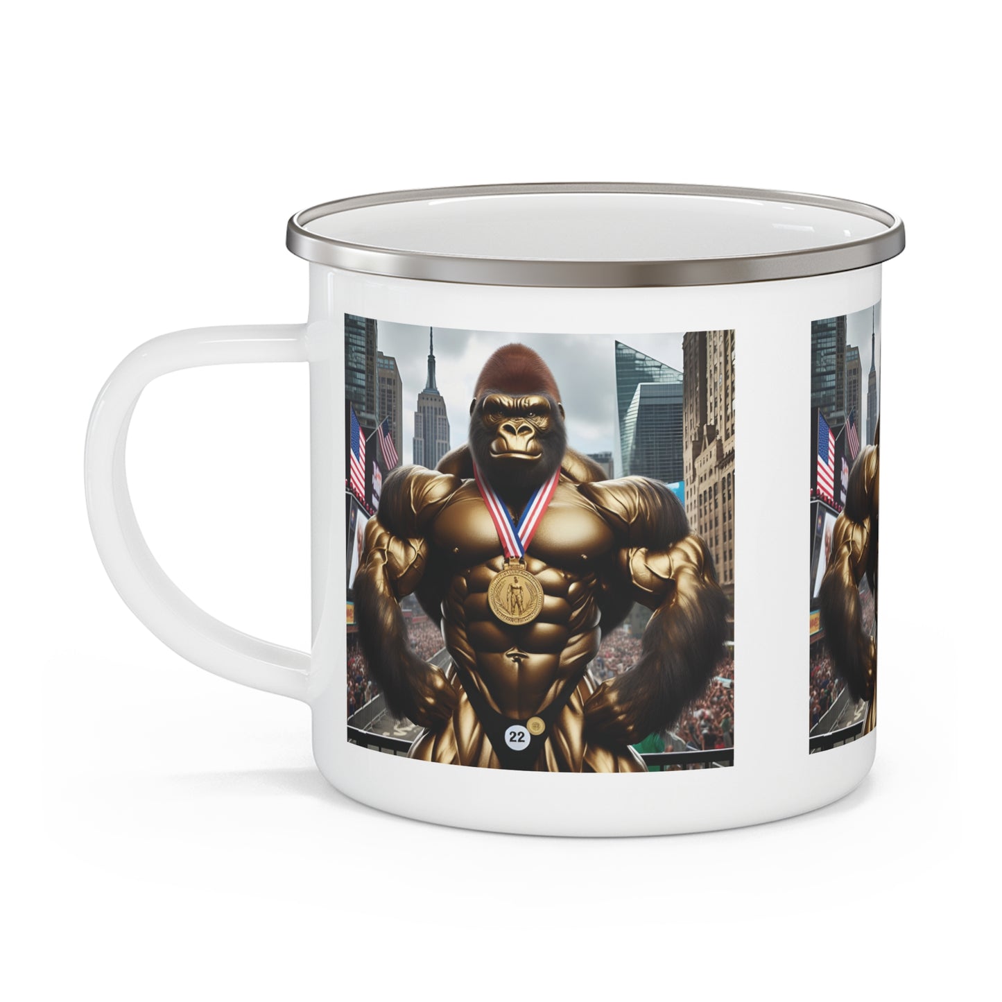Bodybuilder Gorilla Medal Winner Enamel Camping Mug - Iconic New York City Setting
