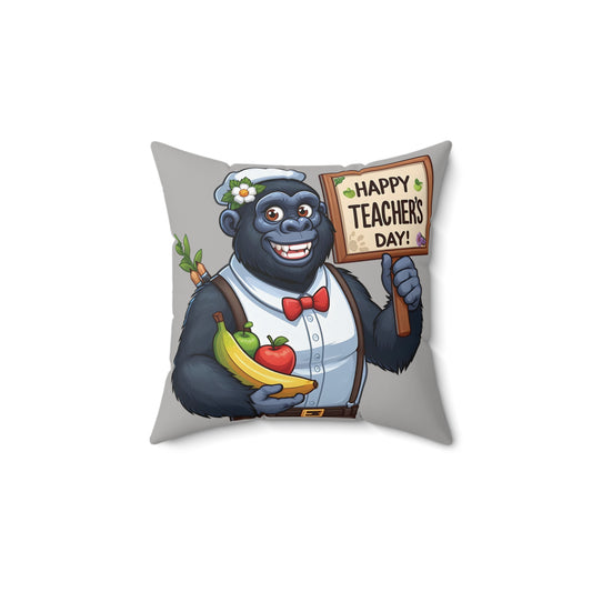 Celebrate Teacher's Day with this adorable throw pillow of a cheerful gorilla holding a sign that says "Happy Teacher's Day!" Order now to bring a smile to your teacher's face with this vibrant pillow. It makes a great gift and a fantastic addition to your home decor. (SK Superb)