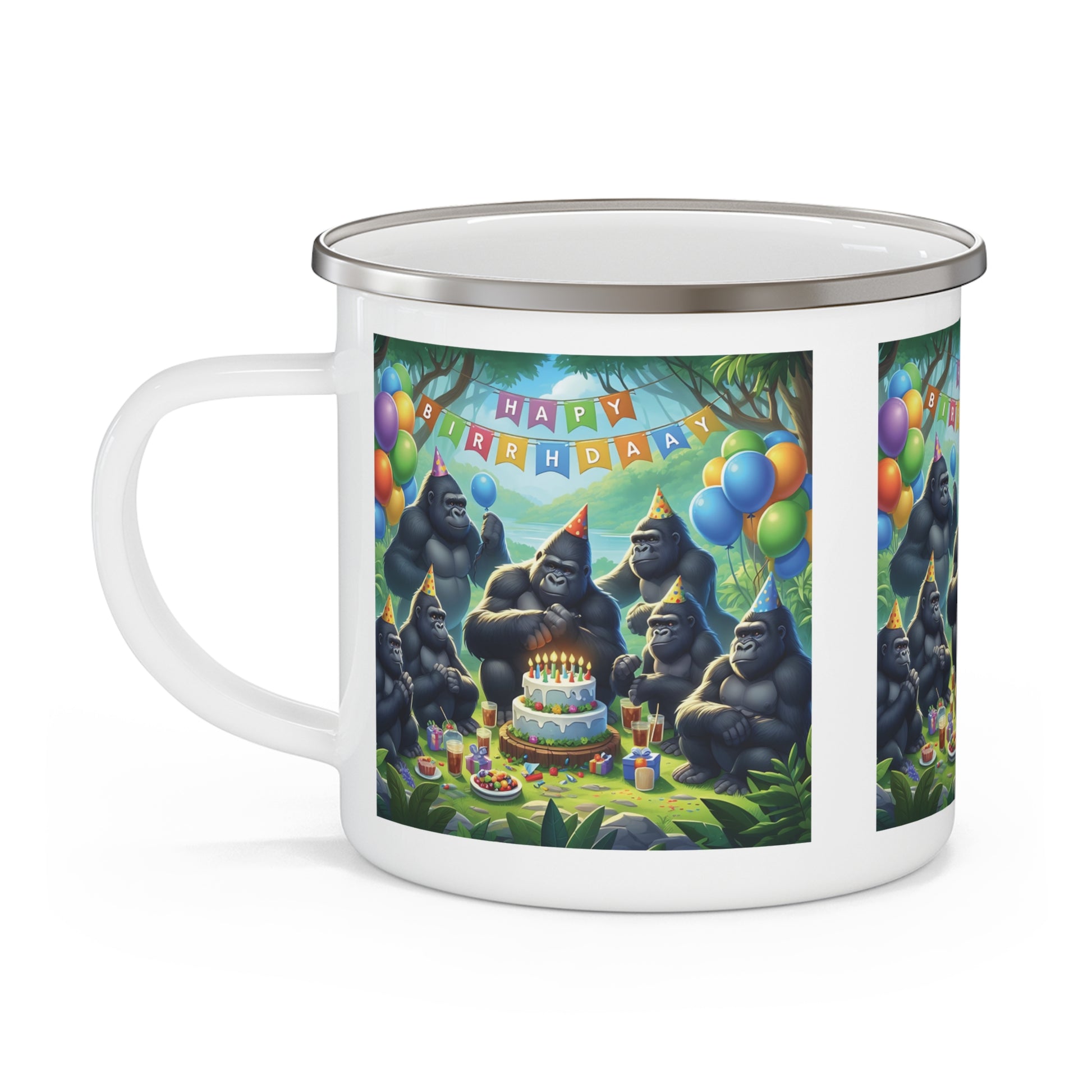 Happy Birthday Gorilla Party Enamel Camping Mug – Fun Animal-Themed Gift