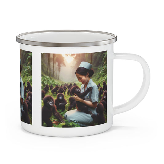 A heartwarming design enamel camping mug of a nurse caring for baby gorillas in a lush forest setting. Perfect for animal lovers, nurses, and outdoor enthusiasts, a mug ideal for camping, hiking, and picnics. Great gift for nature, adventure, wildlife lovers that combines compassion. BUY NOW! (SK Superb)