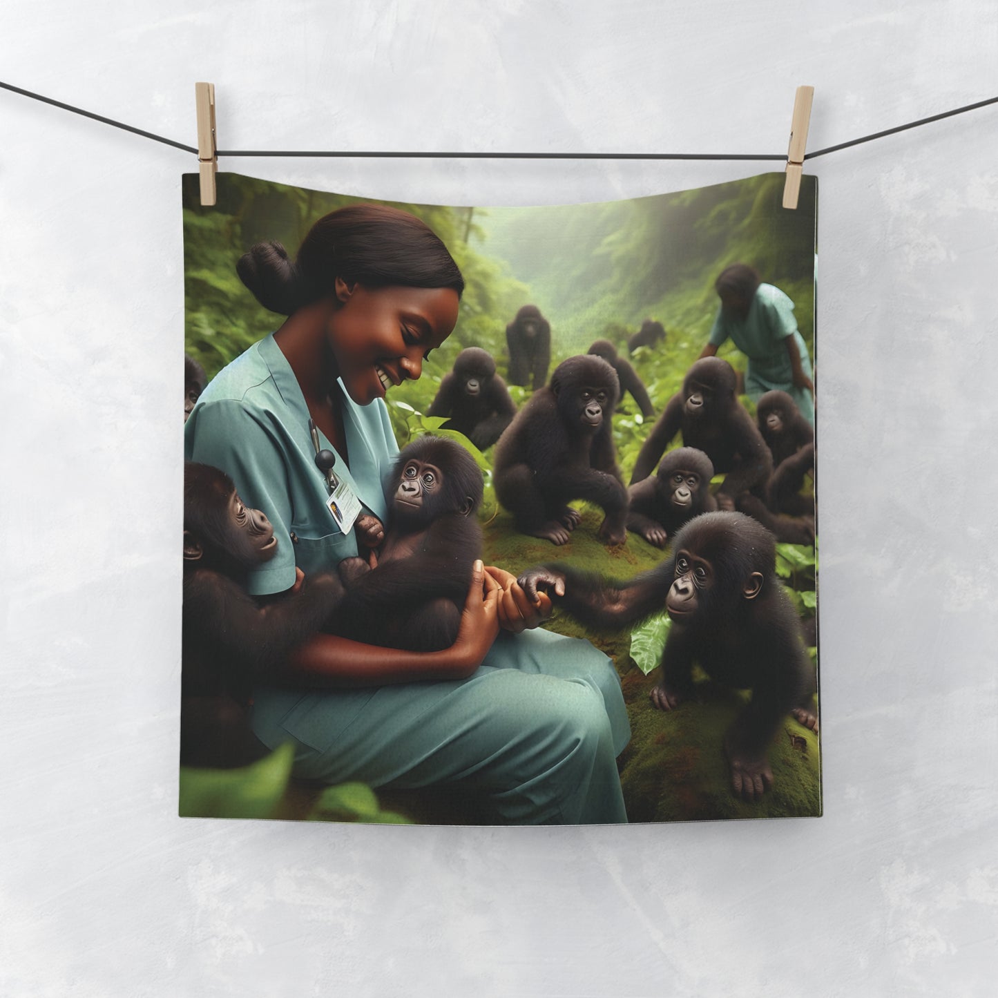 A heartwarming Face Towel featuring a compassionate veterinarian surrounded by adorable baby monkeys in a forest setting. A towel that adds a touch of warmth to your bathroom or travel essentials. Perfect for animal lovers, nature enthusiasts, and anyone who appreciates unique designs. BUY NOW! (SK Superb)