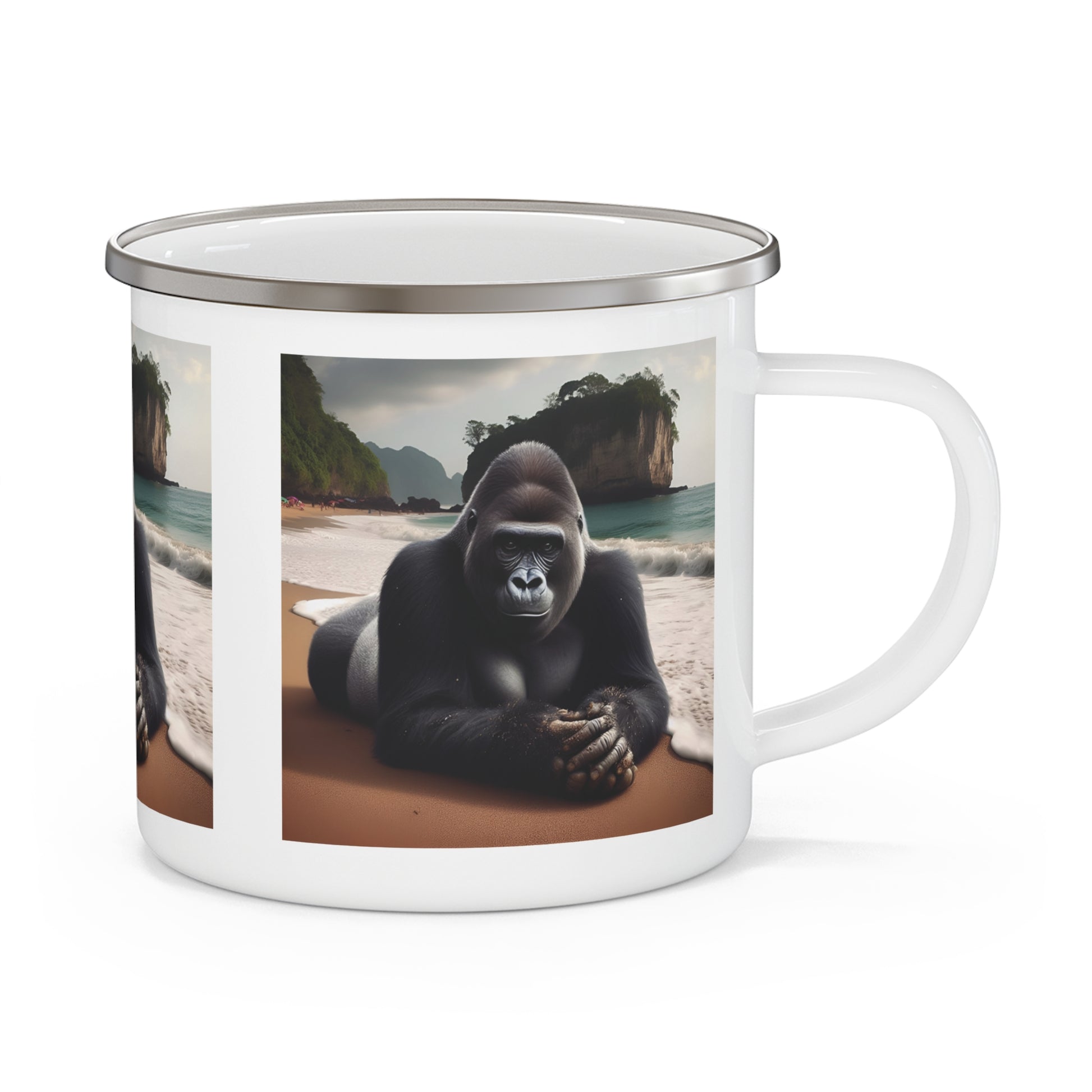 Experience wilderness and peace with our "Relaxing Gorilla on Beach" enamel camping mug, similar to human enjoying a relaxing sunbathing session. Ideal for nature, outdoor lovers, and those who enjoy artistic designs, a practical and stylish mug. Perfect for camping, hiking, picnics, or home use. BUY NOW! (SK Superb)