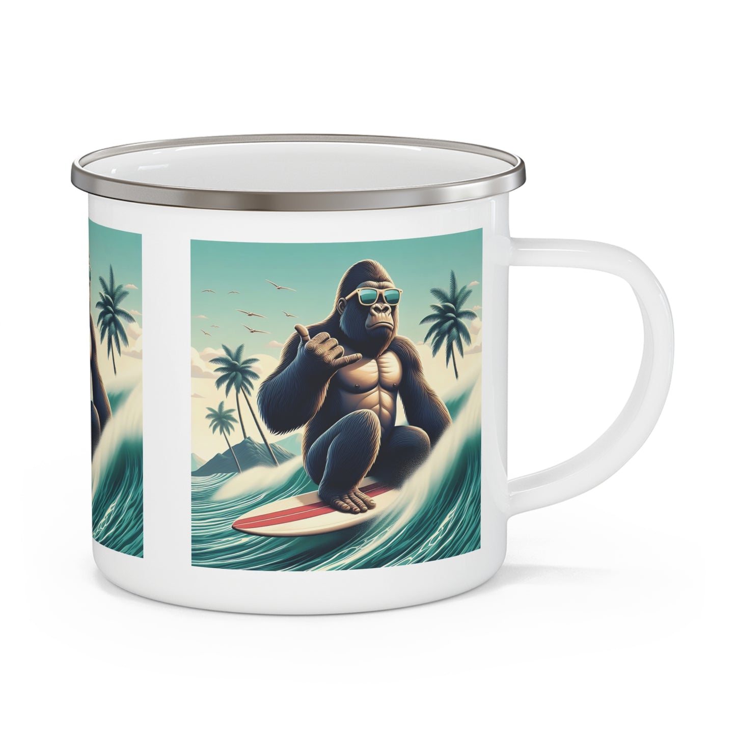 Discover the ‘Surfing Gorilla Enamel Camping Mug’ – a durable and stylish outdoor drinkware perfect for camping, hiking, and beach trips. Featuring a vibrant gorilla catching waves design, add a fun and unique touch to your adventure gear with this must-have enamel camping mug. BUY NOW! (SK Superb)