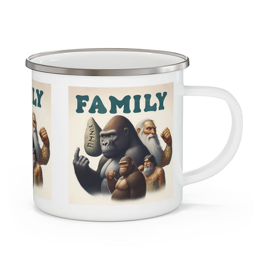 Celebrate the strength of family with our stylish Enamel Camping Mug of a gorilla family with human figures, symbolizing unity. Perfect for camping, hiking, picnics, travel or home use. A mug for outdoor adventures with meaningful aesthetic, ideal for family-themed gifts. BUY NOW! (SK Superb)